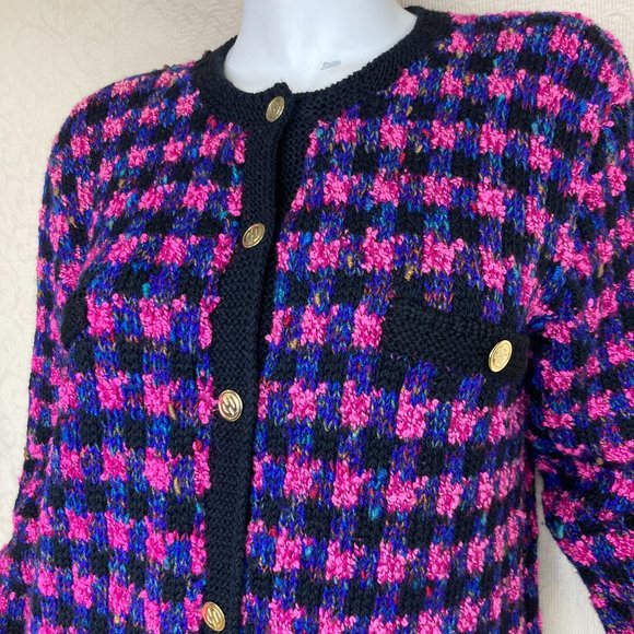 Emma Camusso Vintage Wool Chunky Knit Cardigan Pink Black Purple XL - Picture 3 of 14